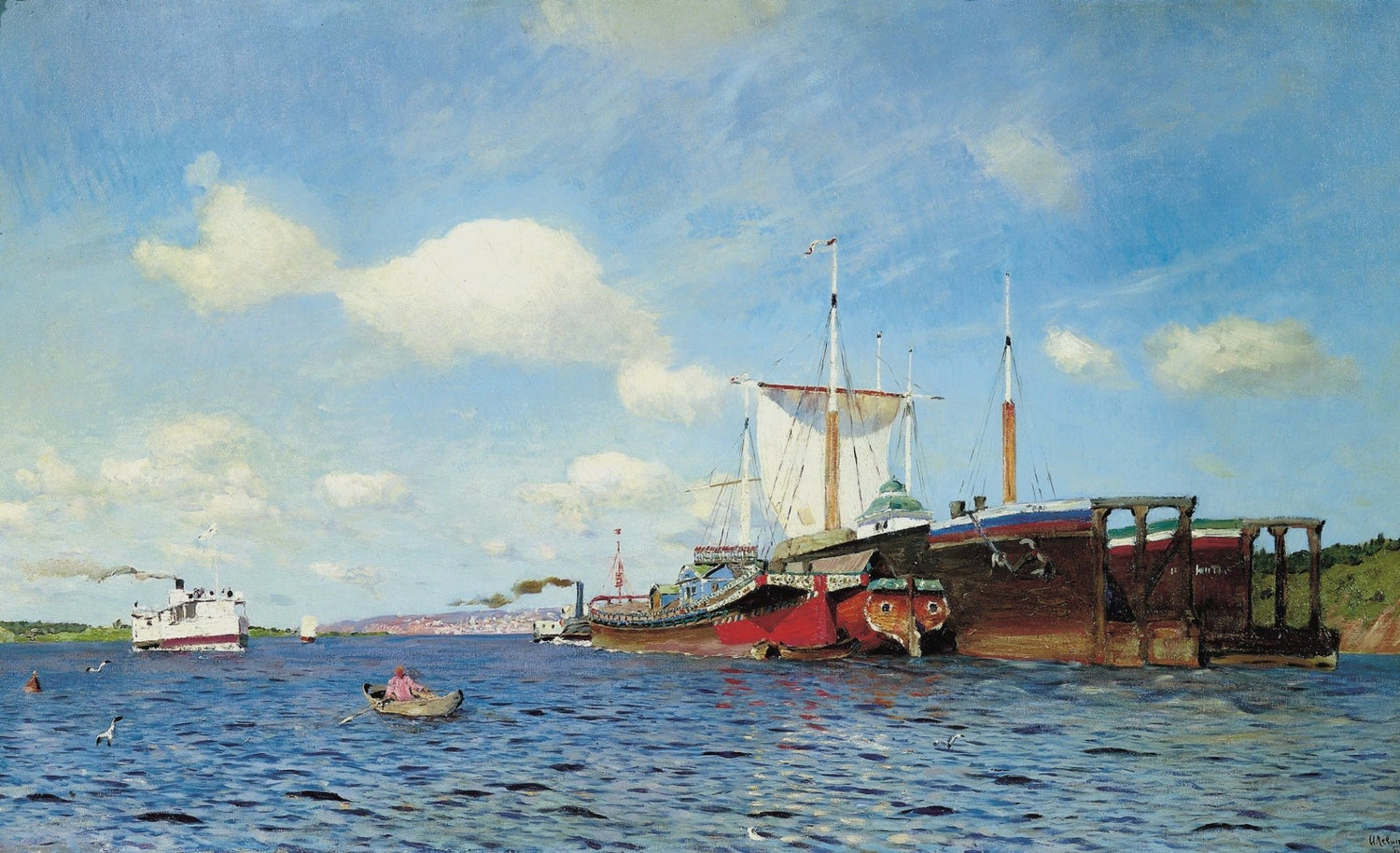Hand-painted blue harbor boats on calm water nautical oil painting on canvas