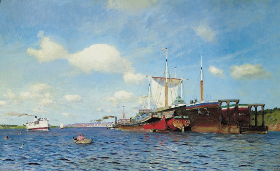 Nautical Oil Paintings - Blue Harbor Boats on Calm Water - Oil Painting Haven