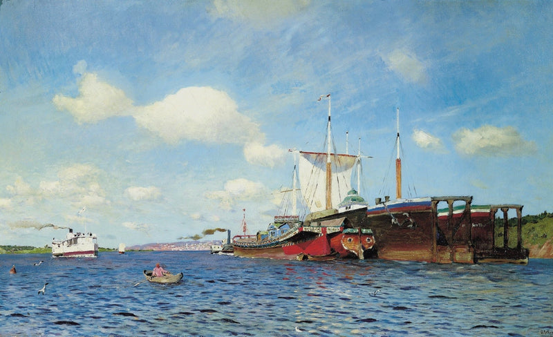 Nautical Oil Paintings - Blue Harbor Boats on Calm Water - Oil Painting Haven