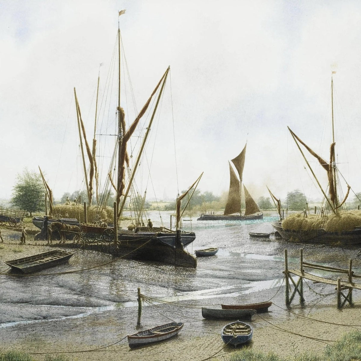 Nautical Oil Paintings - Boats at Coastal Dock - Oil Painting Haven