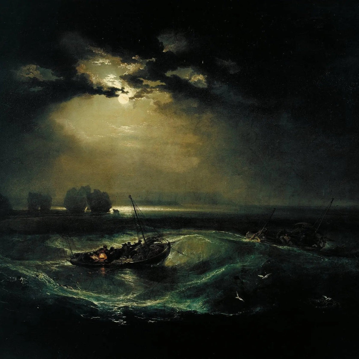 Nautical Oil Paintings - Boats on Moonlit Stormy Sea - Oil Painting Haven