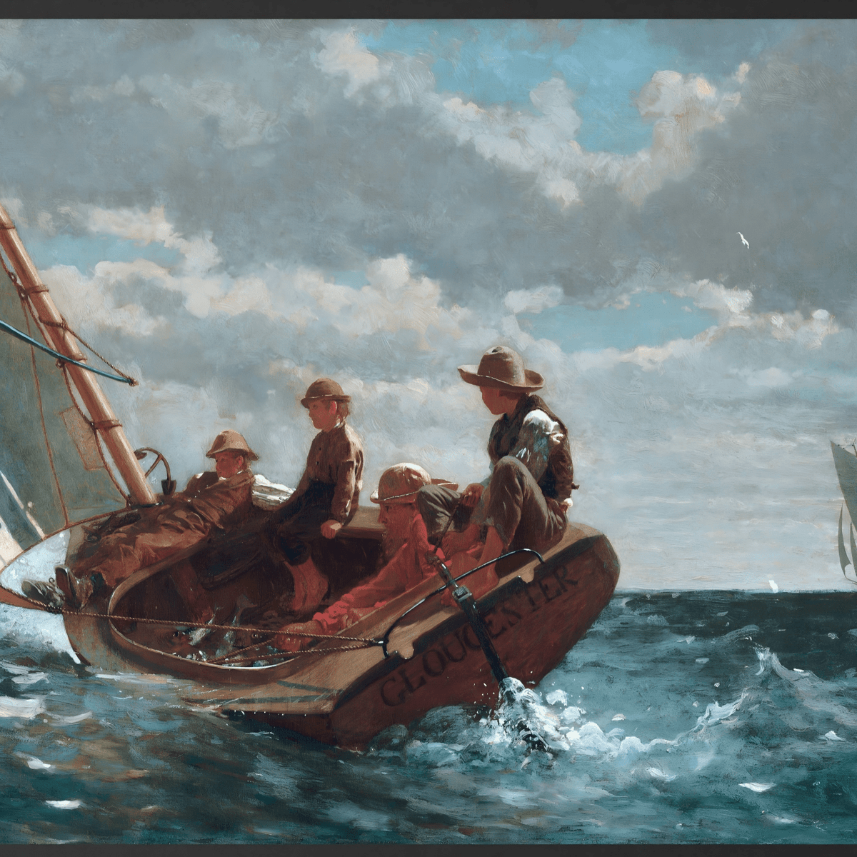 Hand-painted boys in sailboat on open sea nautical oil painting on canvas