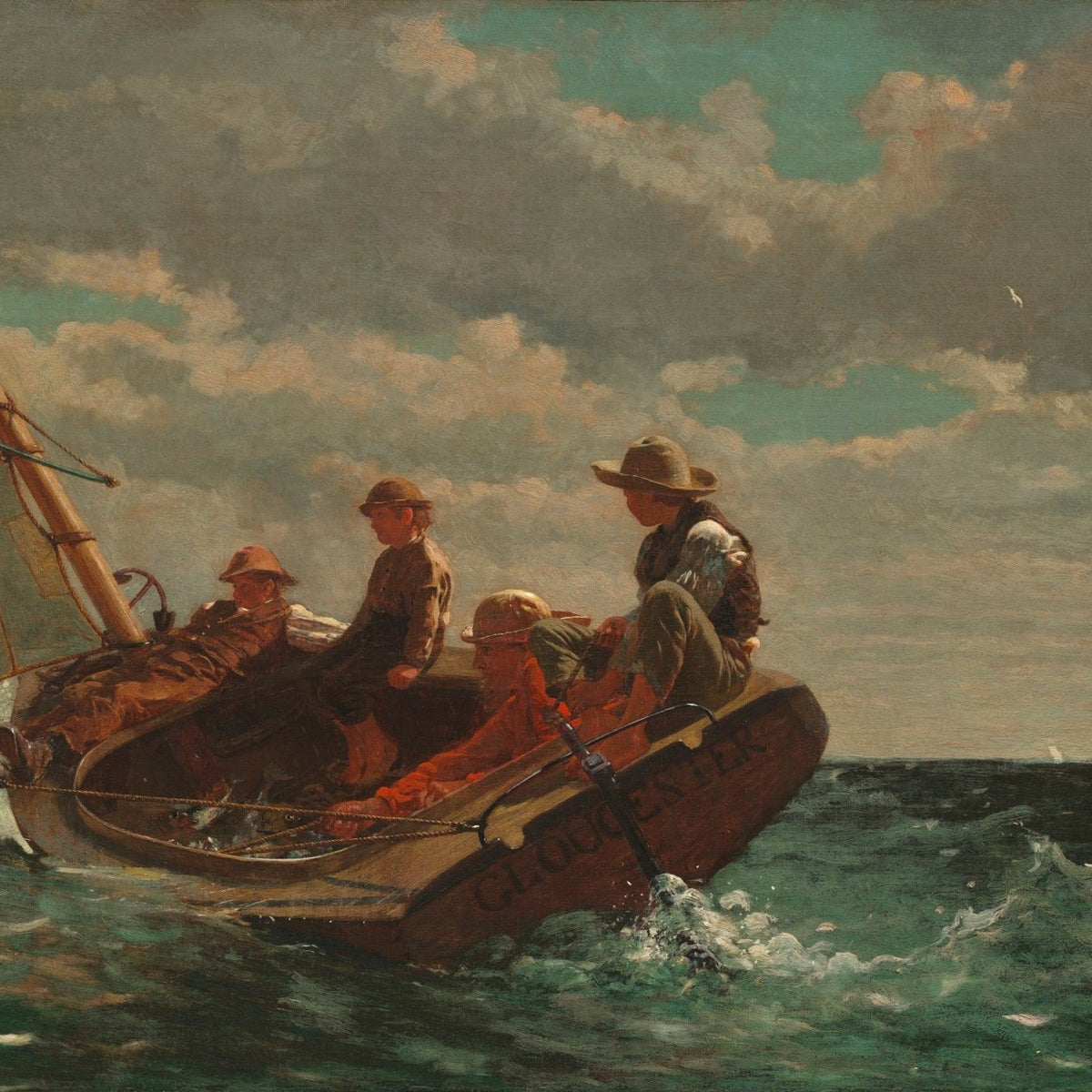 Nautical Oil Paintings - Boys in Sailboat on Open Sea - Oil Painting Haven