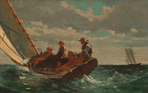 Nautical Oil Paintings - Boys in Sailboat on Open Sea - Oil Painting Haven