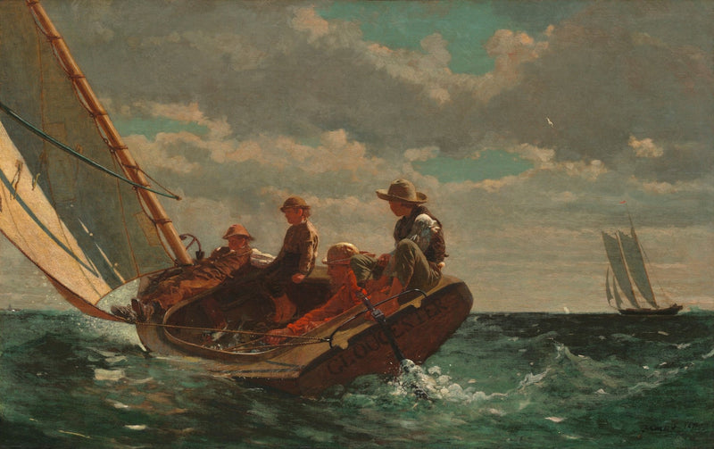 Nautical Oil Paintings - Boys in Sailboat on Open Sea - Oil Painting Haven