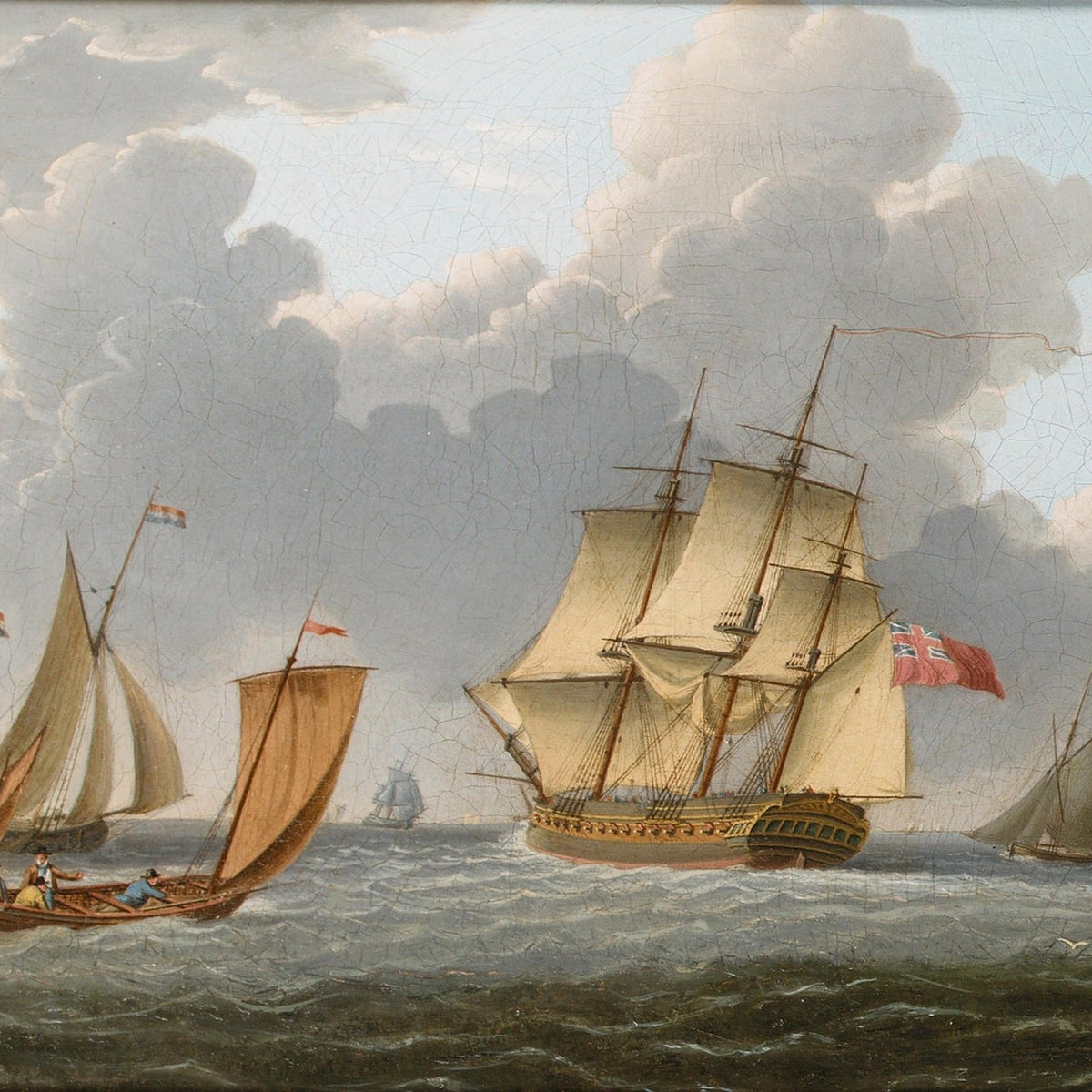 Hand-painted British frigate with coastal sailboats nautical oil painting on canvas