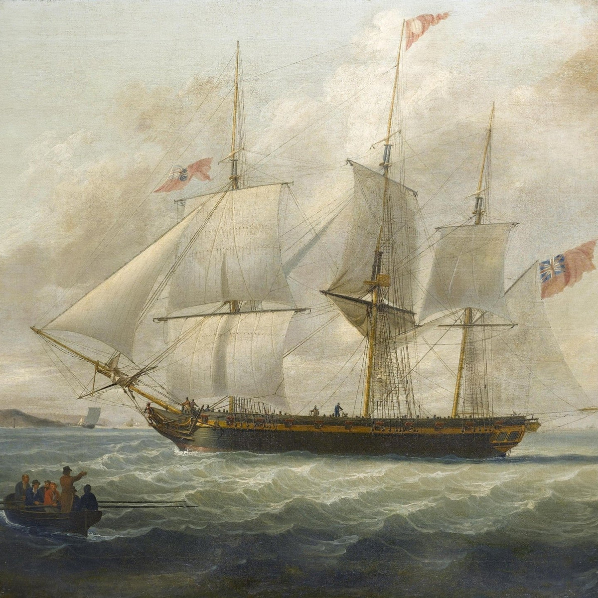 Hand-painted British frigate with sails on choppy sea nautical oil painting on canvas
