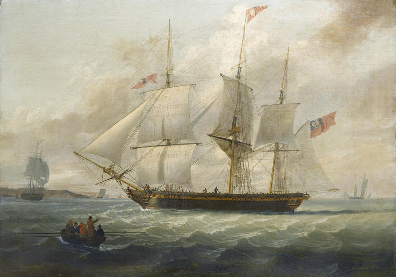 Hand-painted British frigate with sails on choppy sea nautical oil painting on canvas