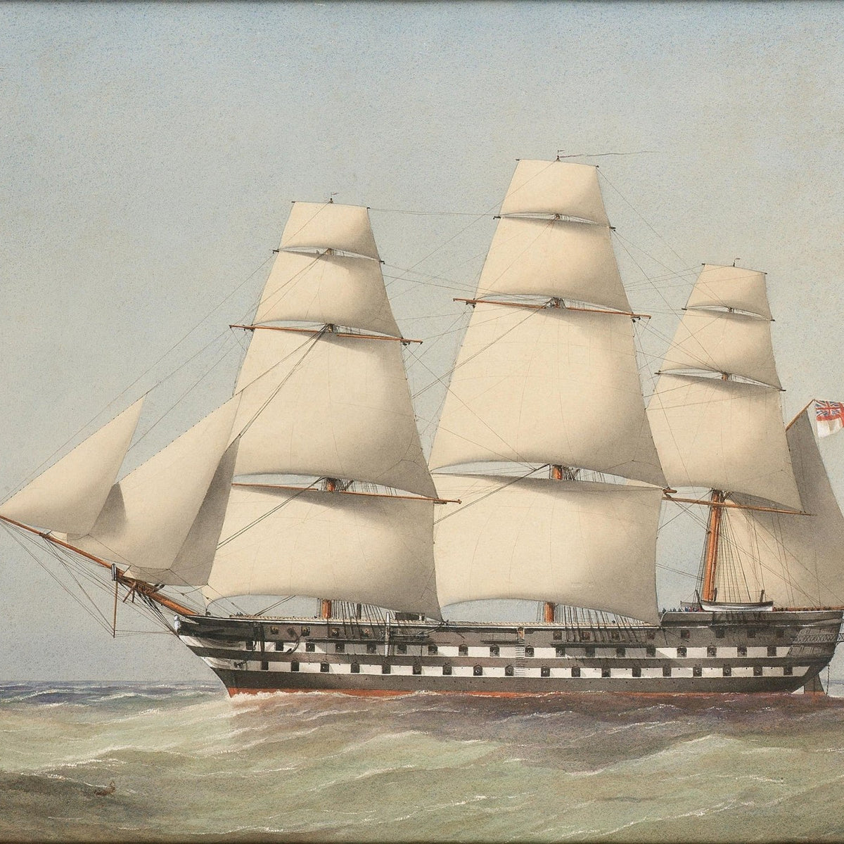 Hand-painted British warship under full white sails nautical oil painting on canvas