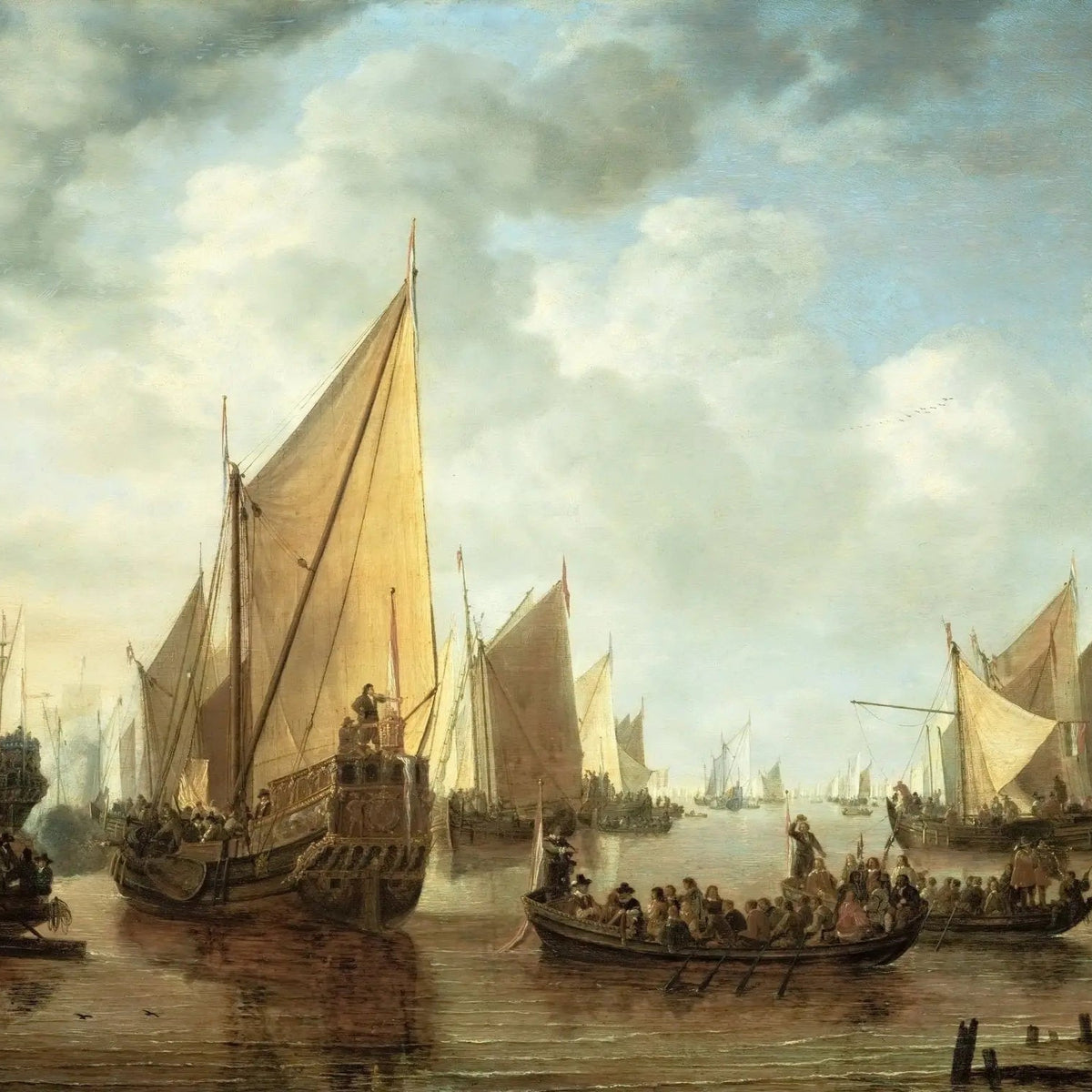 Nautical Oil Paintings - Busy Dutch Harbor with Sailing Ships - Oil Painting Haven