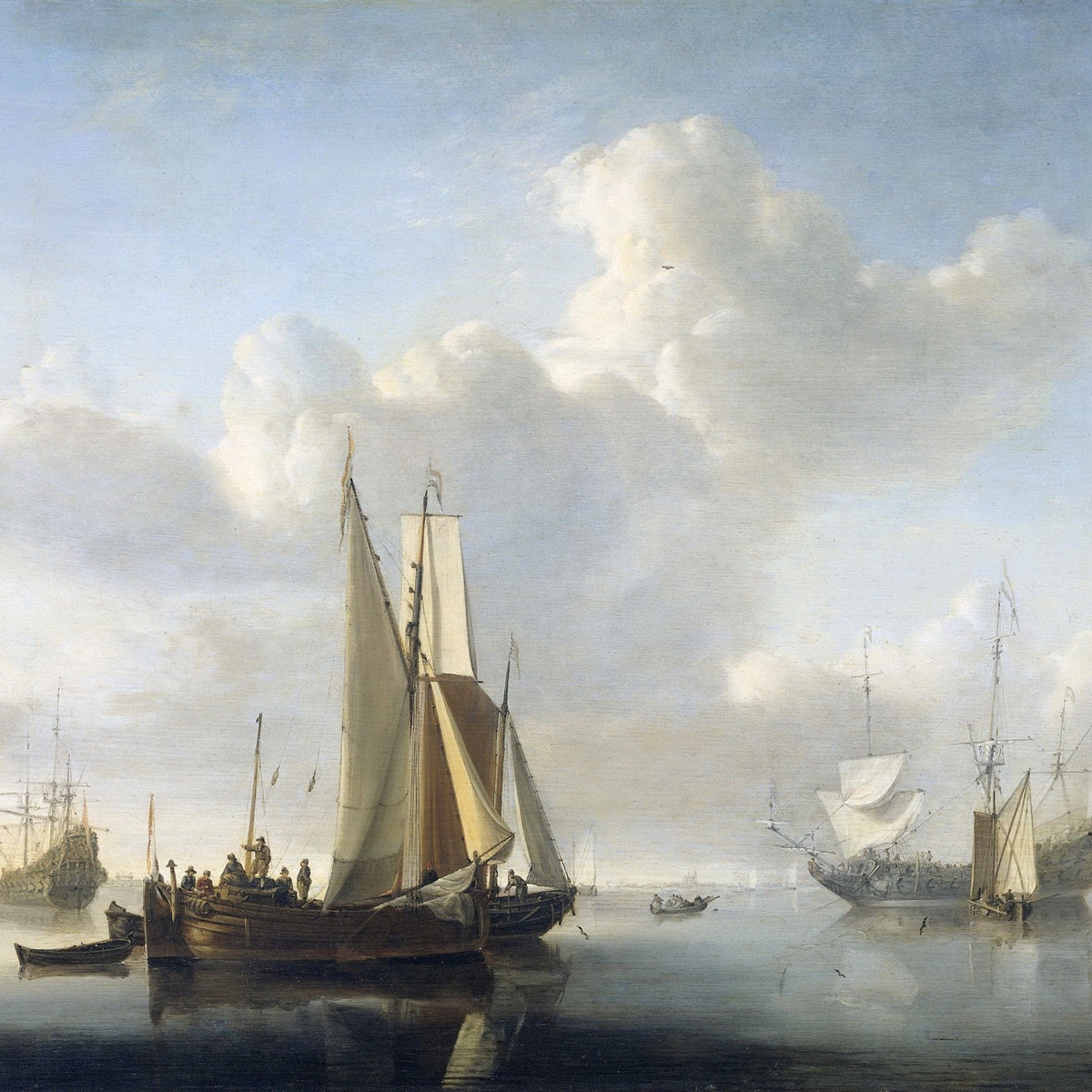 Nautical Oil Paintings - Calm Coastal Ships under Towering Clouds - Oil Painting Haven