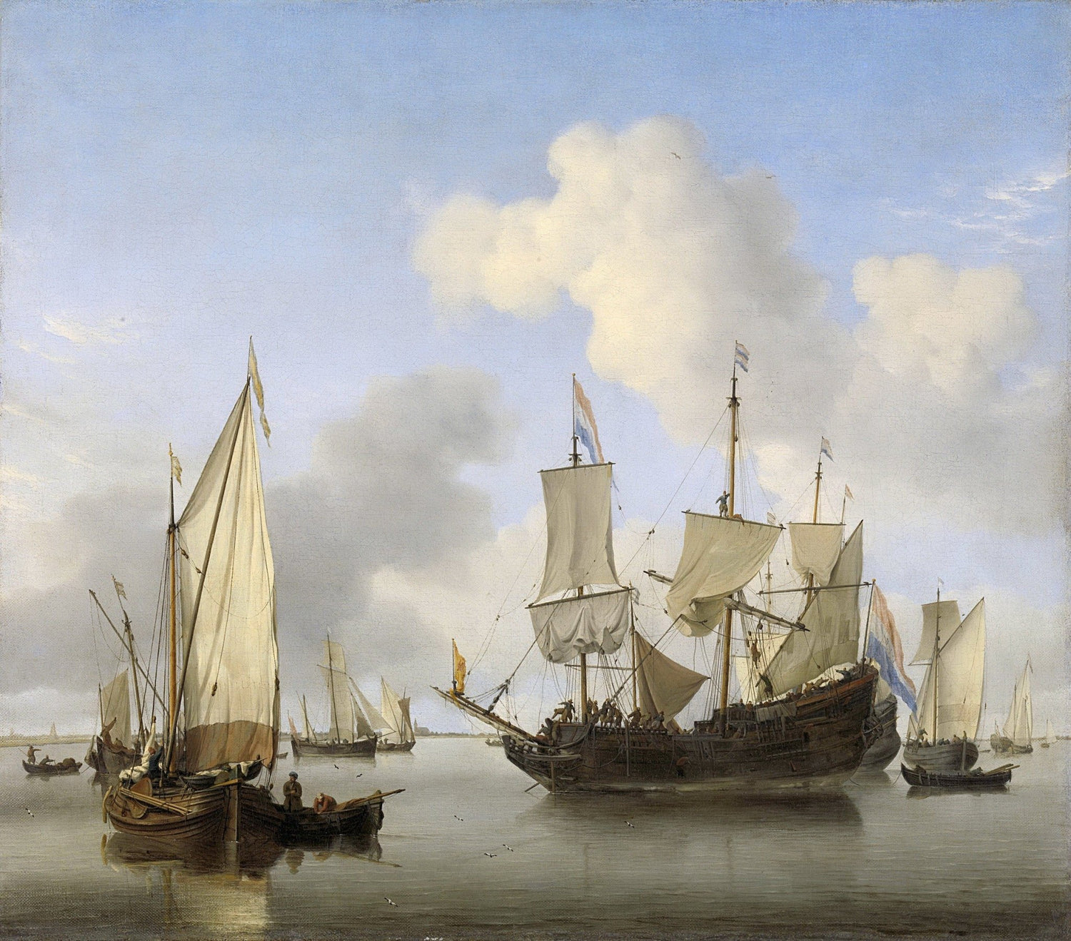 Hand-painted calm Dutch ships anchored off the coast nautical oil painting on canvas