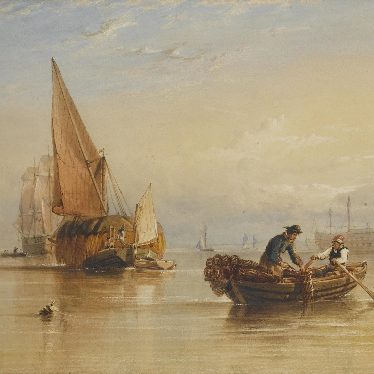 Hand-painted calm harbor boatmen at golden dawn nautical oil painting on canvas