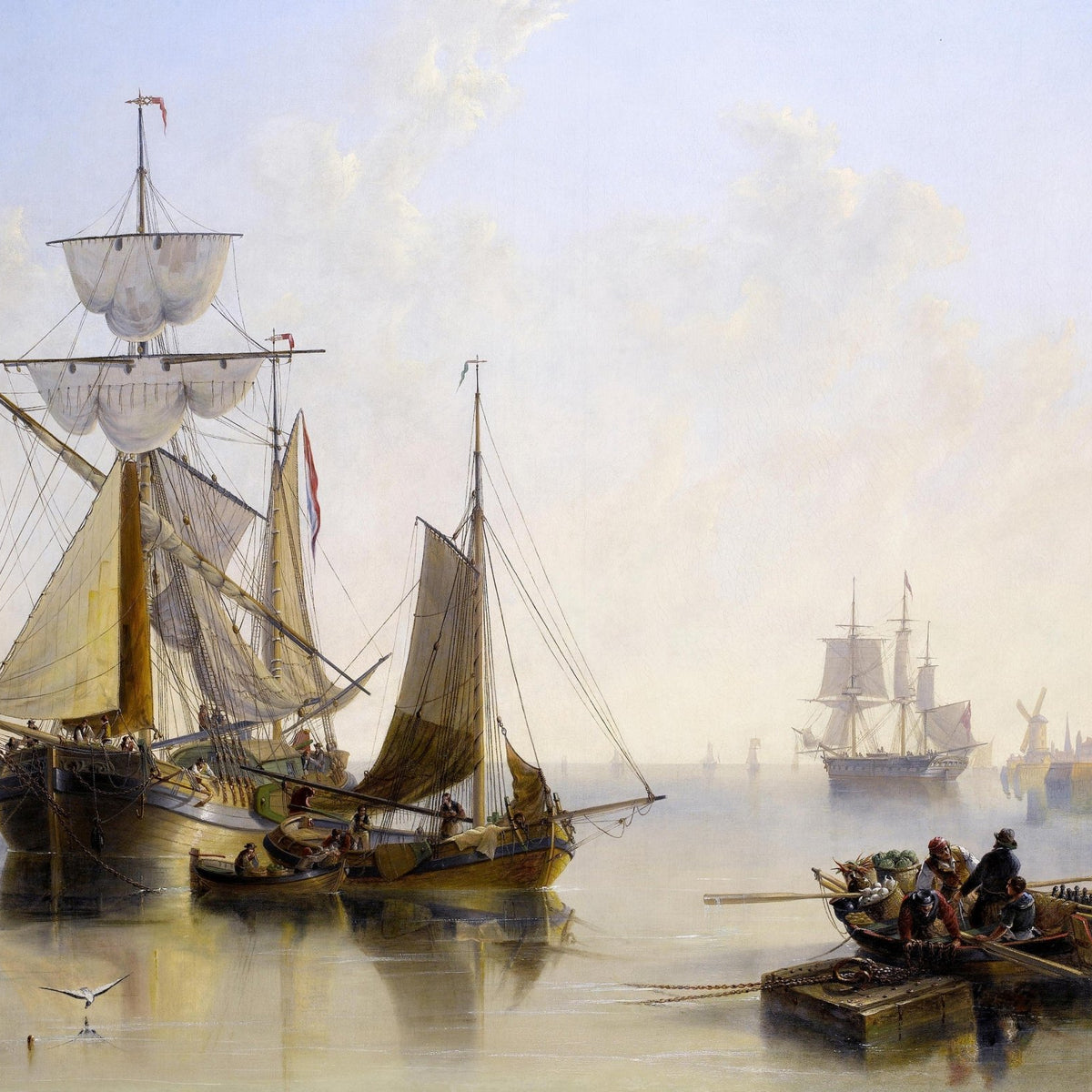 Nautical Oil Paintings - Calm Harbor Ships and Fishermen - Oil Painting Haven