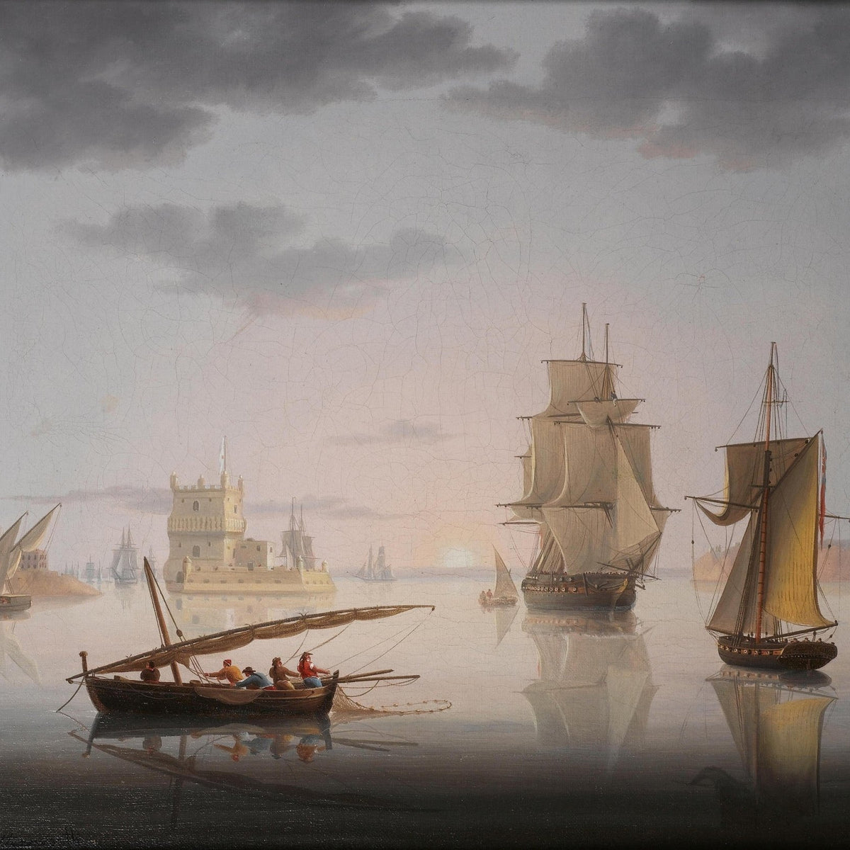 Nautical Oil Paintings - Calm Harbor Ships and Rowboat - Oil Painting Haven