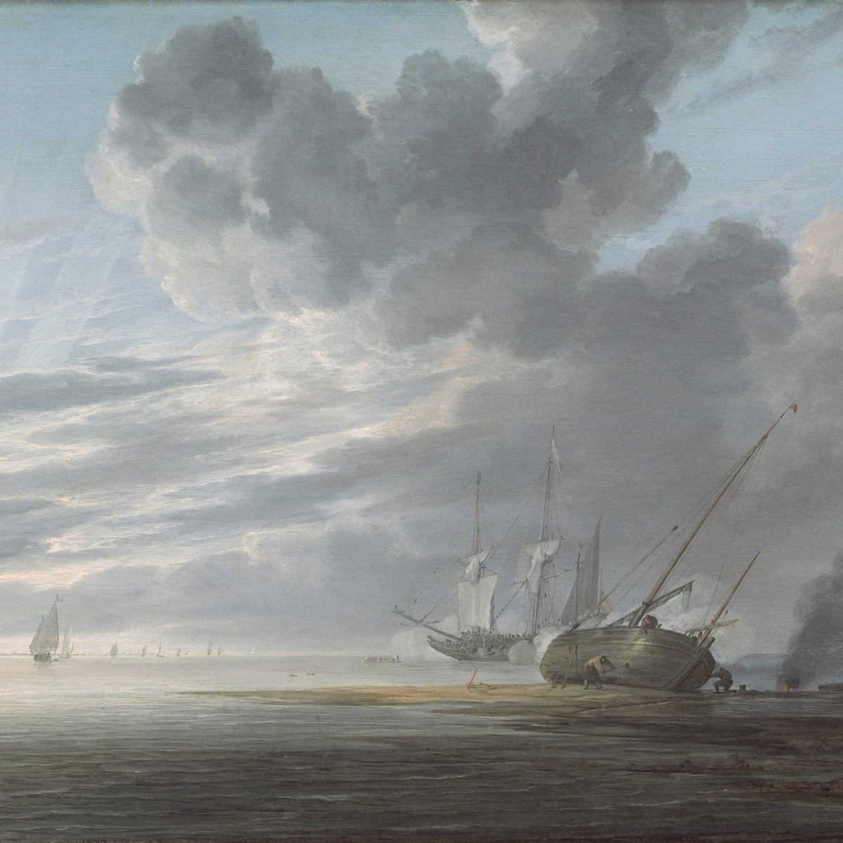 Nautical Oil Paintings - Calm Harbor Ships Under Cloudy Sky - Oil Painting Haven