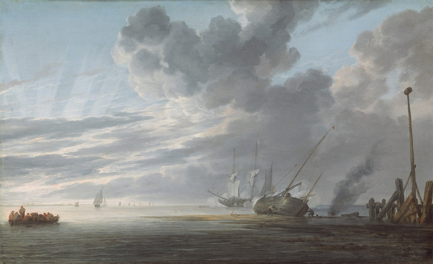 Hand-painted calm harbor ships under cloudy sky nautical oil painting on canvas
