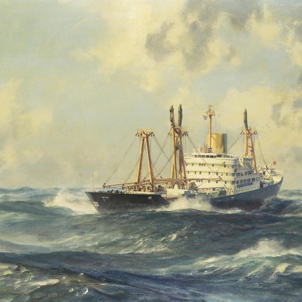 Nautical Oil Paintings - Cargo Freighter in Rolling Ocean Waves - Oil Painting Haven