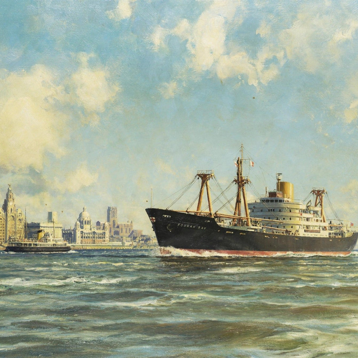 Nautical Oil Paintings - Cargo Ship by Historic Harbor Skyline - Oil Painting Haven