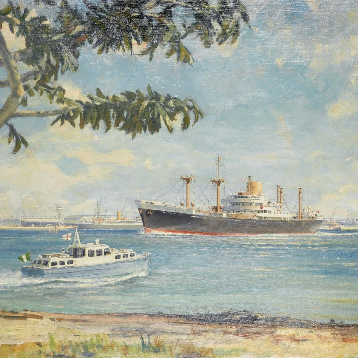 Nautical Oil Paintings - Cargo Ship in Sunny Harbor - Oil Painting Haven