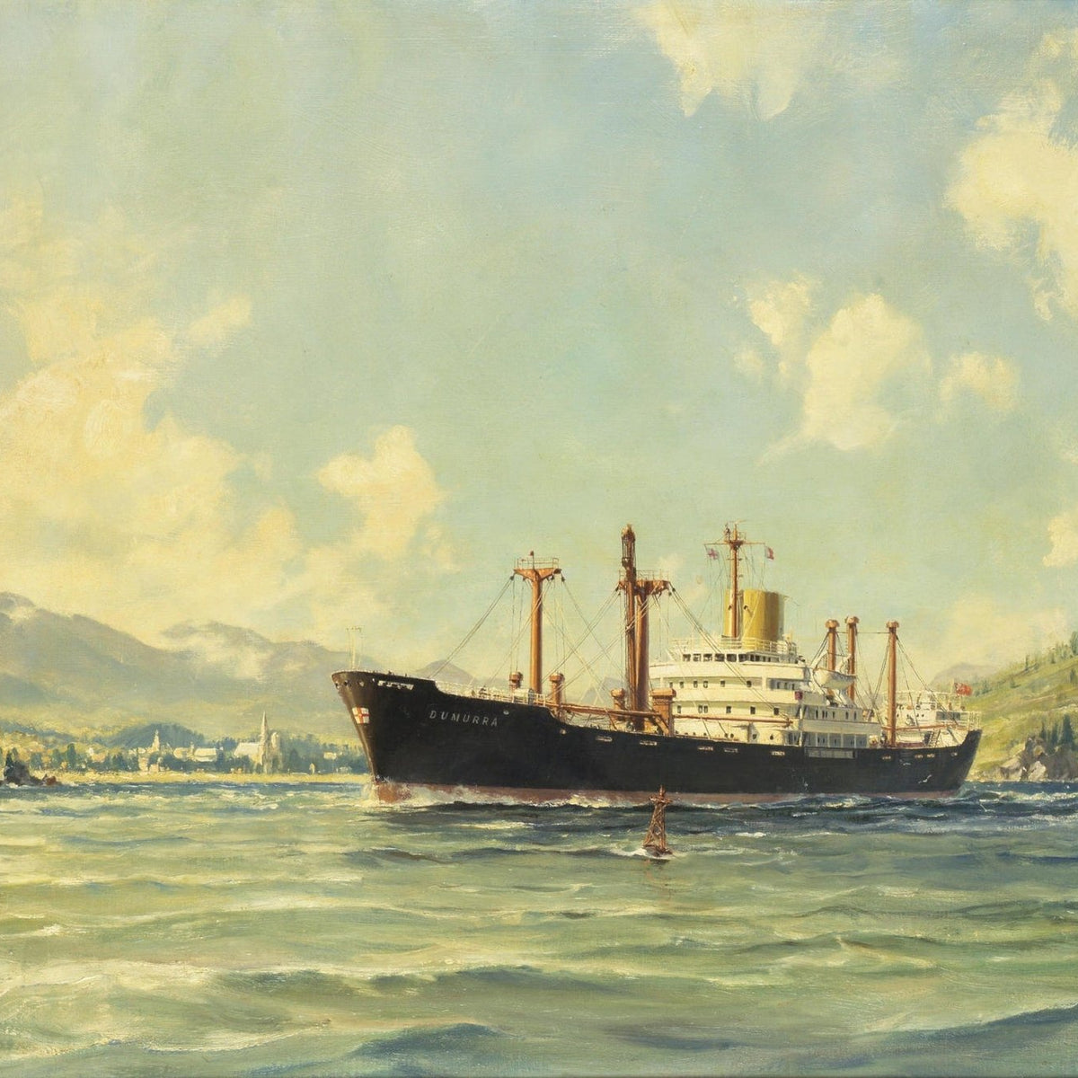 Nautical Oil Paintings - Cargo Ship on Mountain Coastal Waters - Oil Painting Haven
