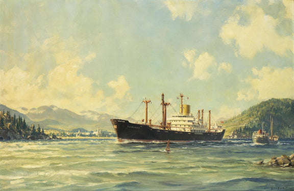 Nautical Oil Paintings - Cargo Ship on Mountain Coastal Waters - Oil Painting Haven
