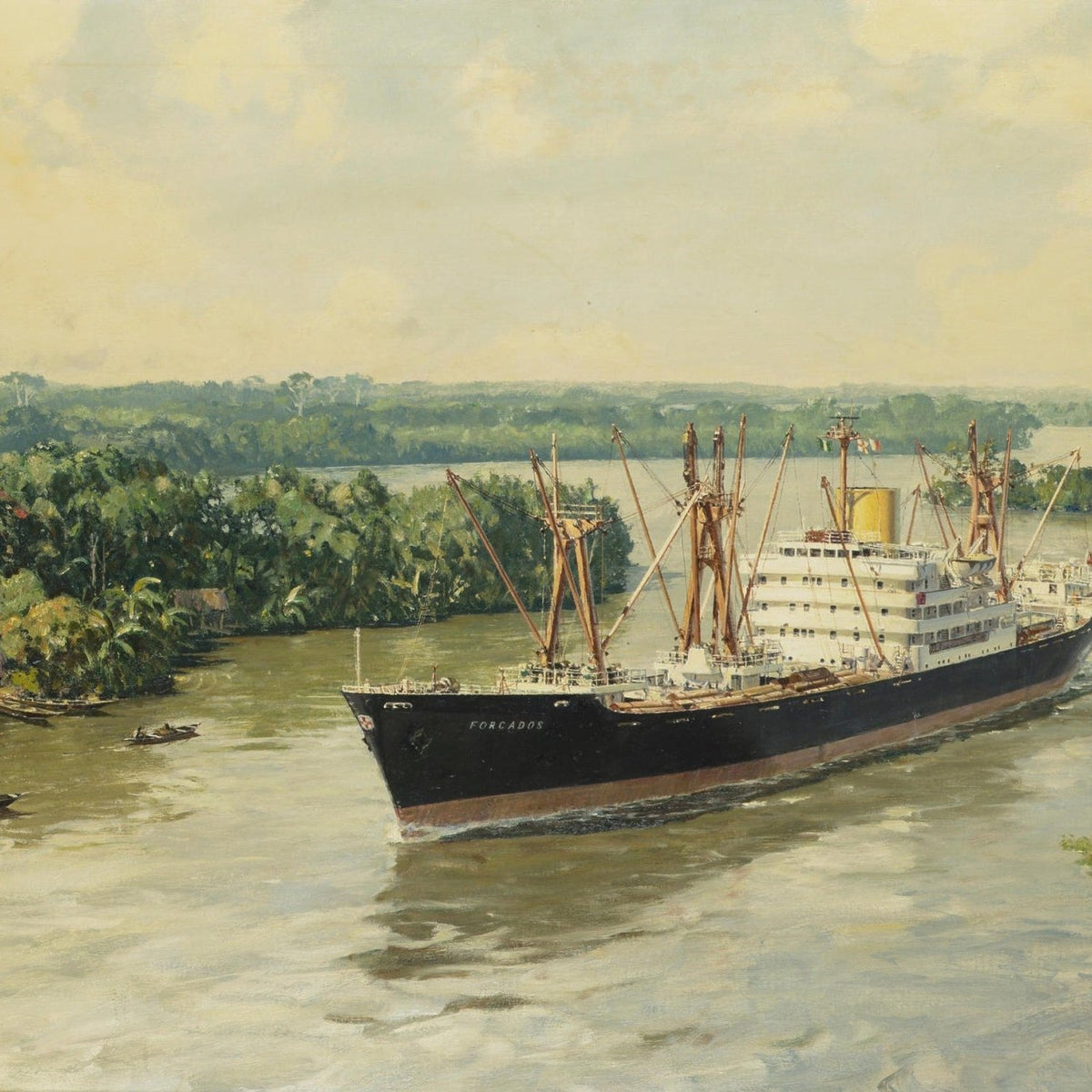 Hand-painted cargo ship on tropical river waterway nautical oil painting on canvas