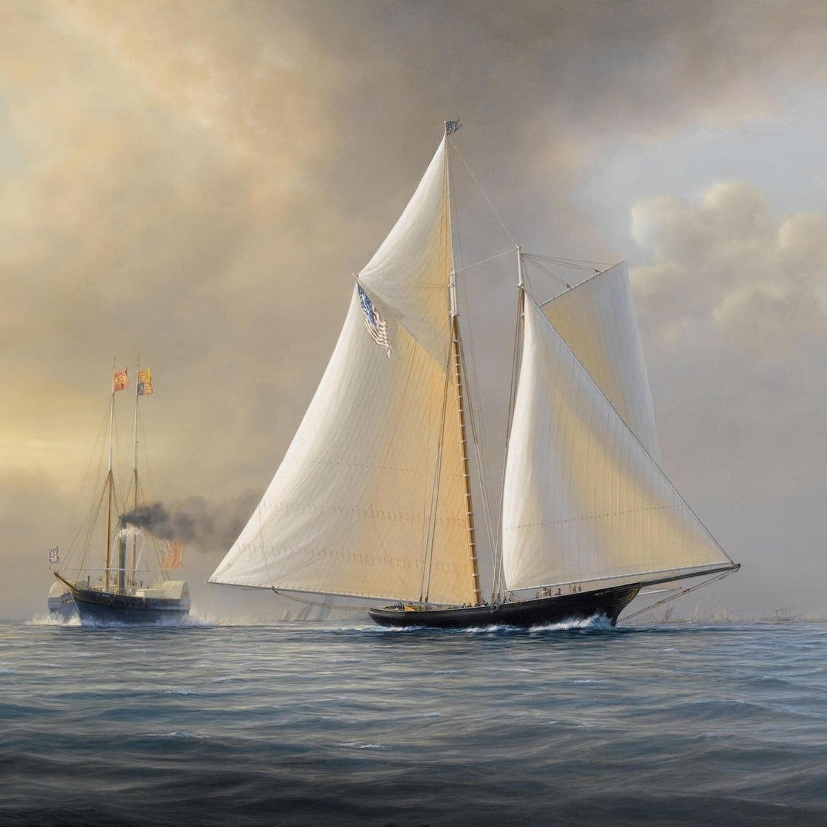 Nautical Oil Paintings - Classic Racing Yacht at Sunset Harbor - Oil Painting Haven