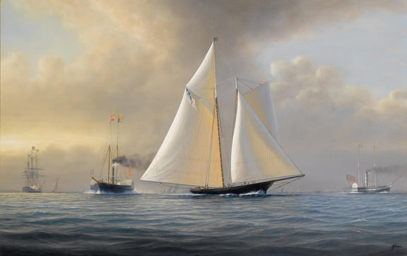 Nautical Oil Paintings - Classic Racing Yacht at Sunset Harbor - Oil Painting Haven