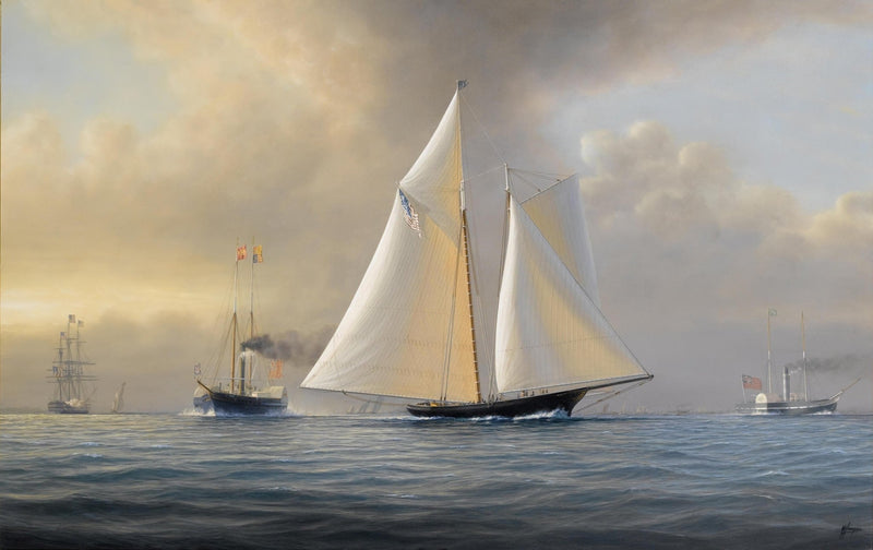 Nautical Oil Paintings - Classic Racing Yacht at Sunset Harbor - Oil Painting Haven