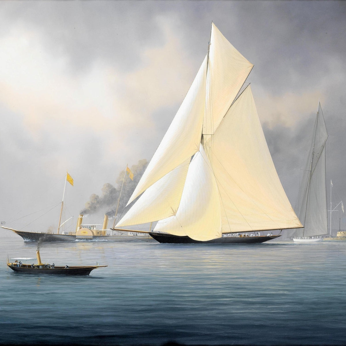 Nautical Oil Paintings - Classic Racing Yacht on Calm Harbor - Oil Painting Haven