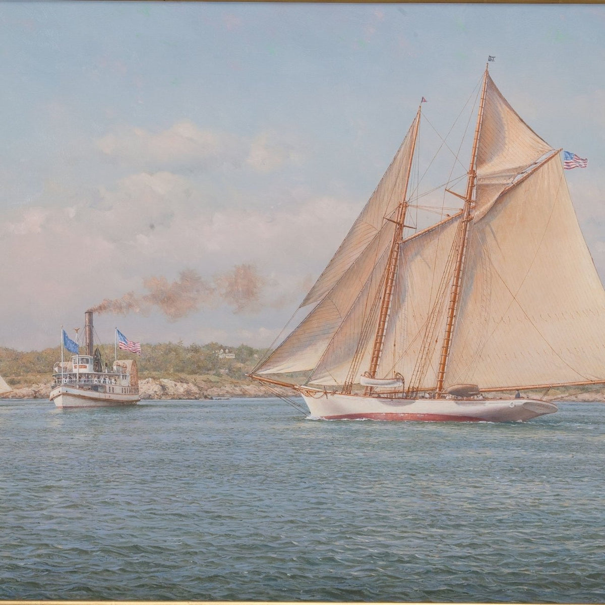 Hand-painted classic schooner and steamboat at sea nautical oil painting on canvas