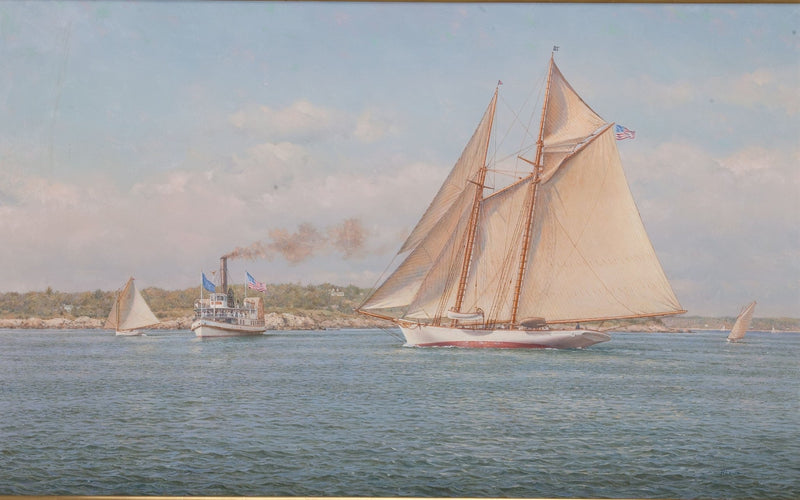 Hand-painted classic schooner and steamboat at sea nautical oil painting on canvas