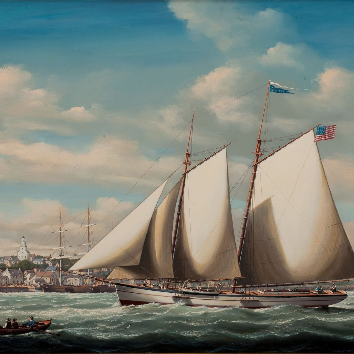 Nautical Oil Paintings - Classic Schooner by a Harbor Lighthouse - Oil Painting Haven