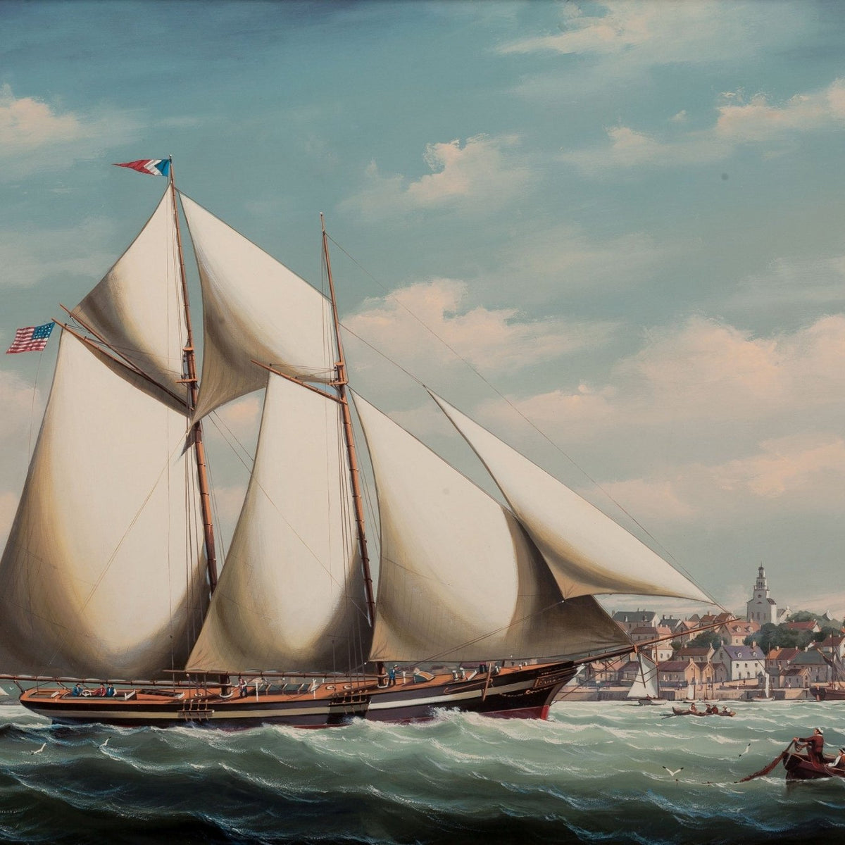 Hand-painted classic schooner in harbor town nautical oil painting on canvas