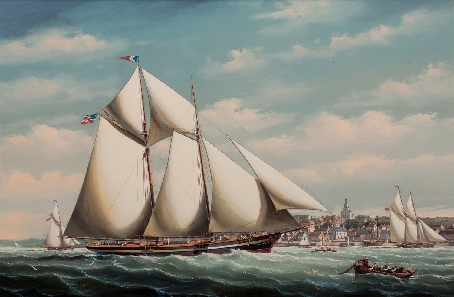 Nautical Oil Paintings - Classic Schooner in Harbor Town - Oil Painting Haven