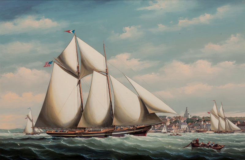 Hand-painted classic schooner in harbor town nautical oil painting on canvas