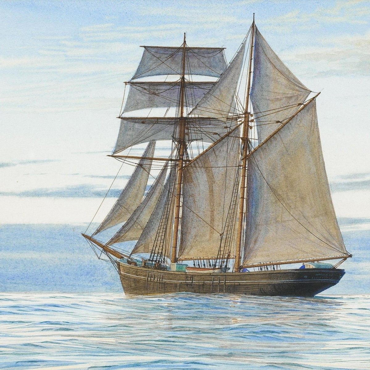 Hand-painted classic schooner on calm blue water nautical oil painting on canvas