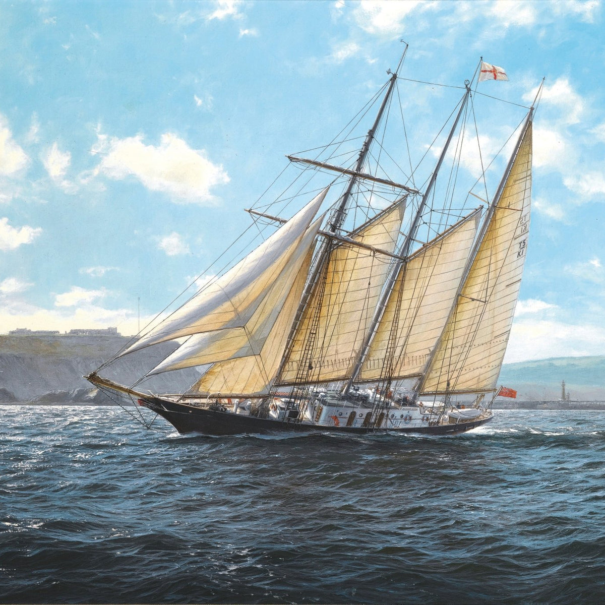 Hand-painted classic schooner sailing along coast nautical oil painting on canvas