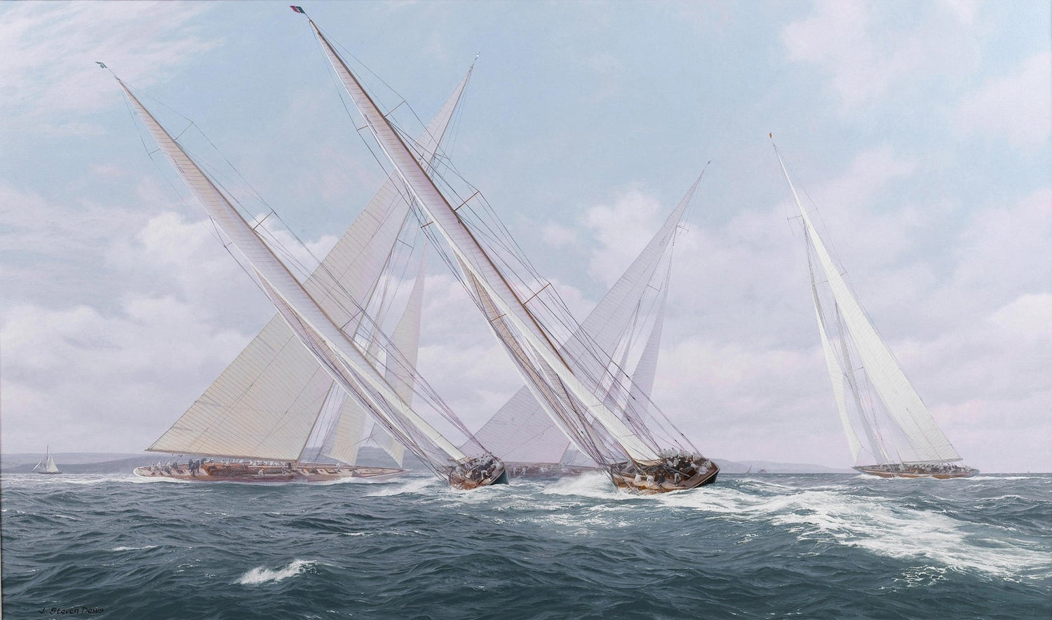 Hand-painted classic yacht regatta with white sails nautical oil painting on canvas