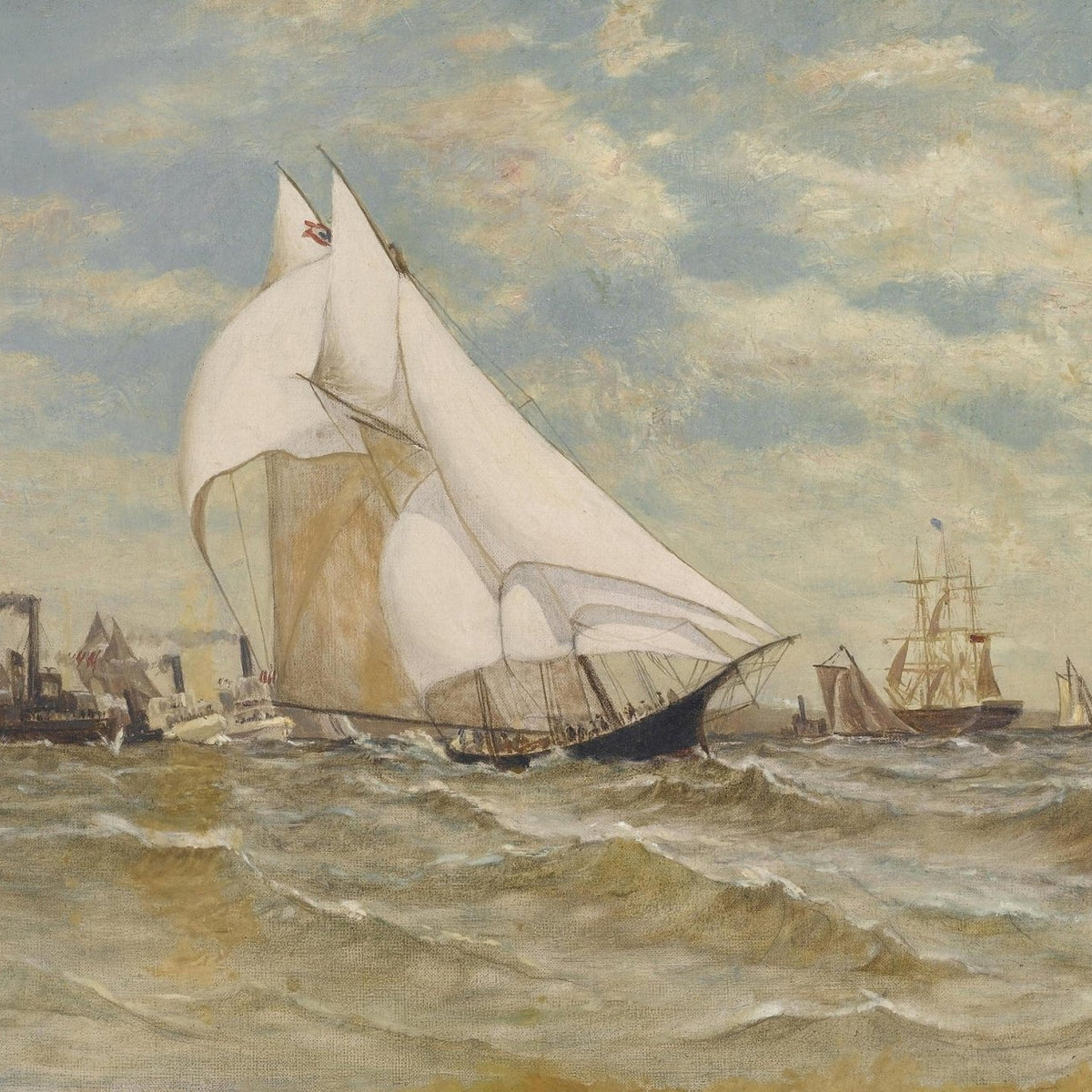 Hand-painted classic yacht with white sail at sea nautical oil painting on canvas