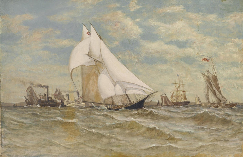 Hand-painted classic yacht with white sail at sea nautical oil painting on canvas