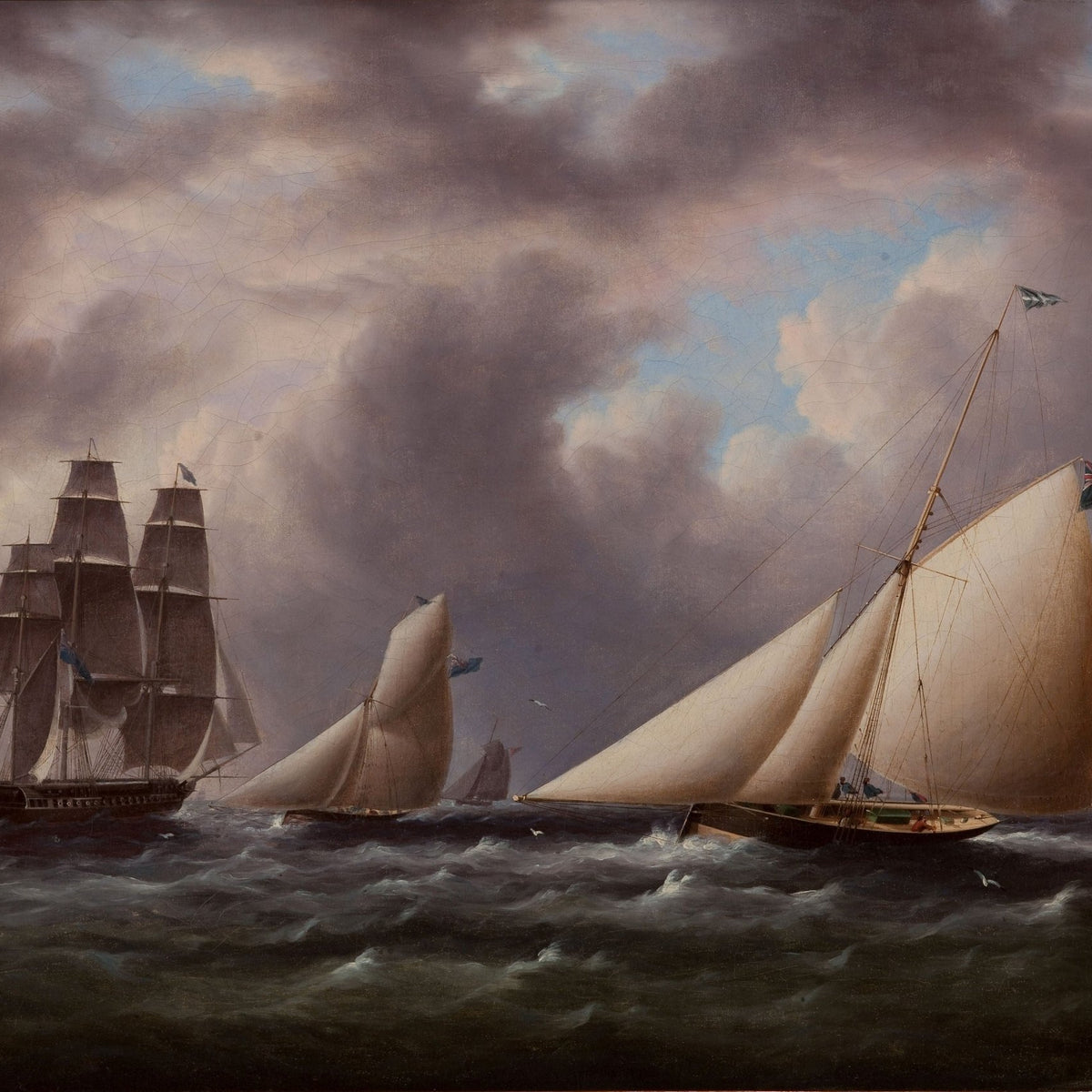 Hand-painted classic yachts under dark harbor skies nautical oil painting on canvas