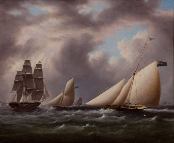Hand-painted classic yachts under dark harbor skies nautical oil painting on canvas
