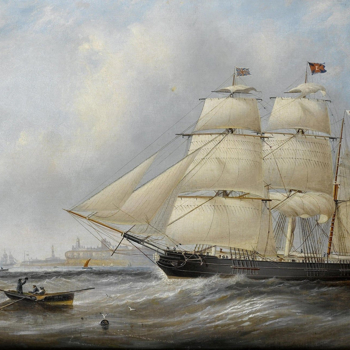 Nautical Oil Paintings - Clipper Ship and Rowboat on Choppy Sea - Oil Painting Haven