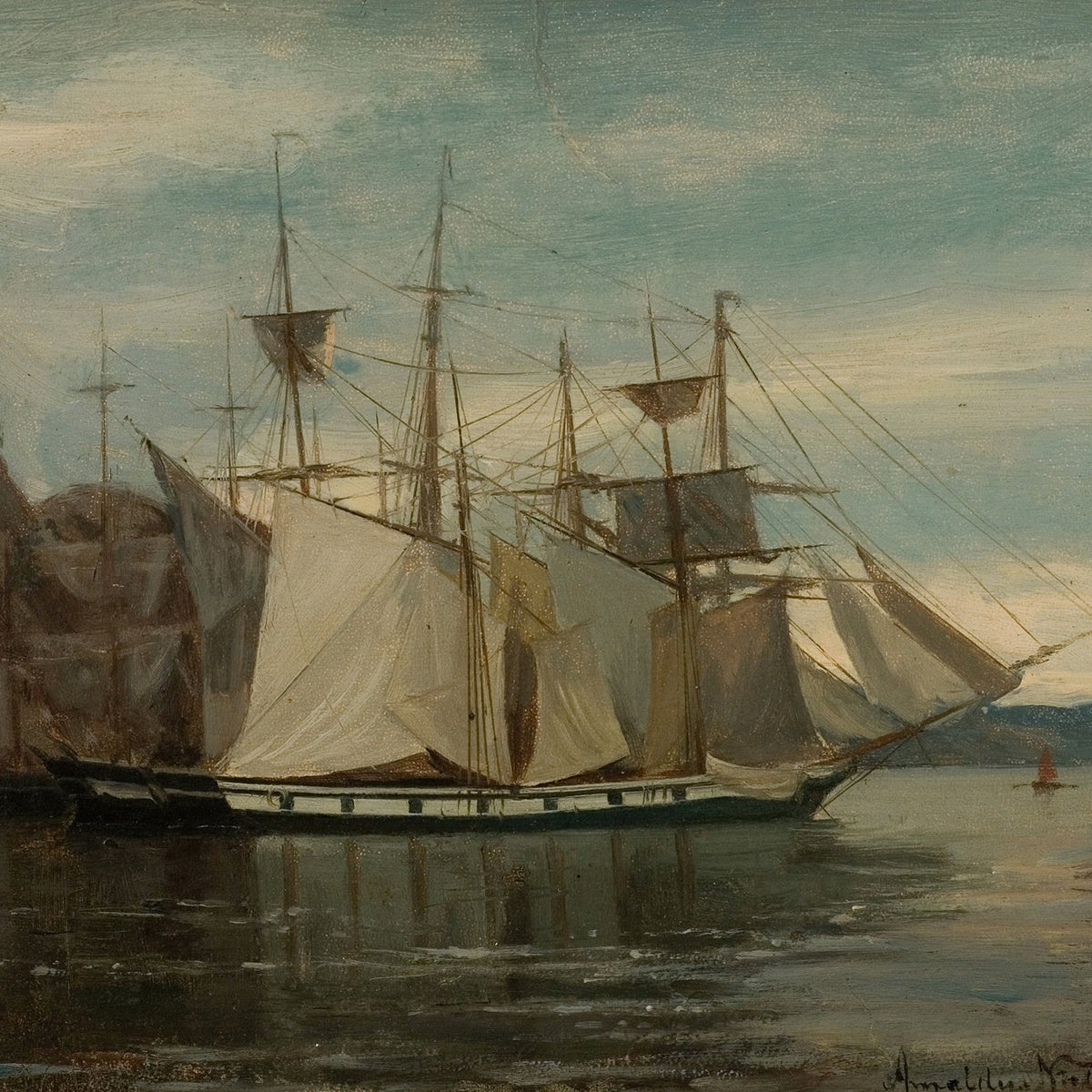 Hand-painted clipper ship by coastal cliffs nautical oil painting on canvas