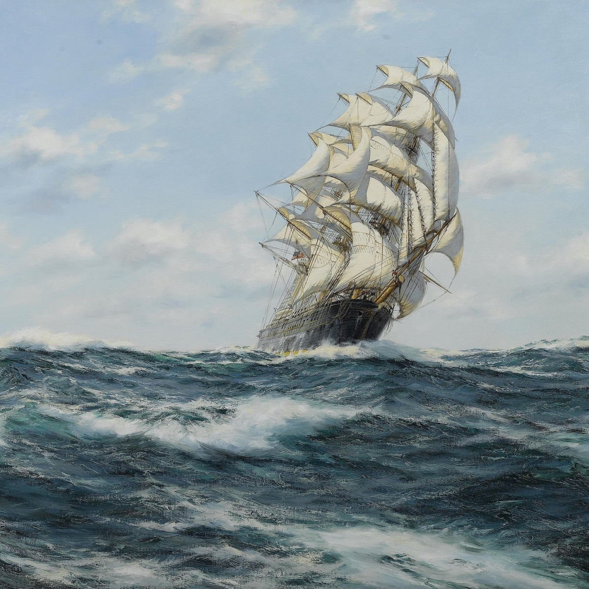 Nautical Oil Paintings - Clipper Ship on Rolling Blue - Green Sea - Oil Painting Haven