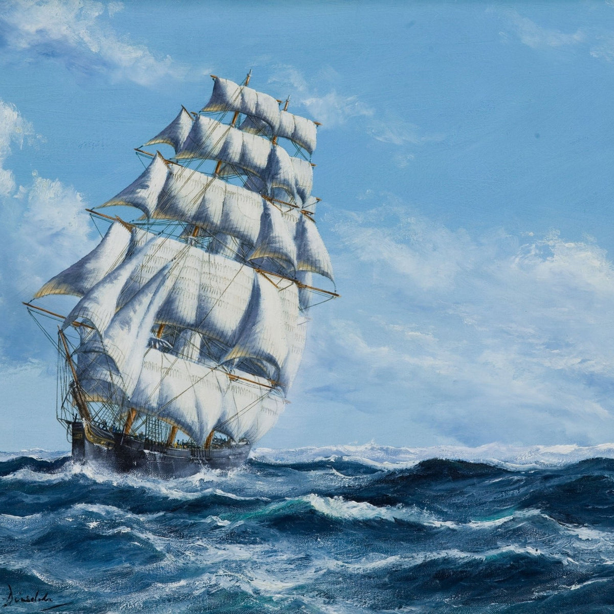 Nautical Oil Paintings - Clipper Ship on Rolling Ocean Waves - Oil Painting Haven
