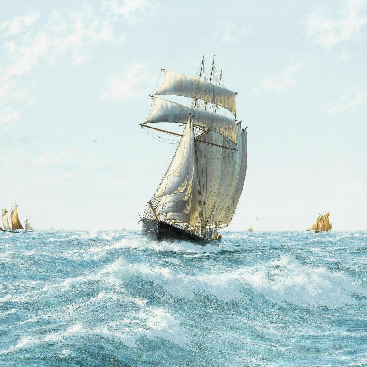 Nautical Oil Paintings - Clipper Ship with Full Sails on Blue Sea - Oil Painting Haven