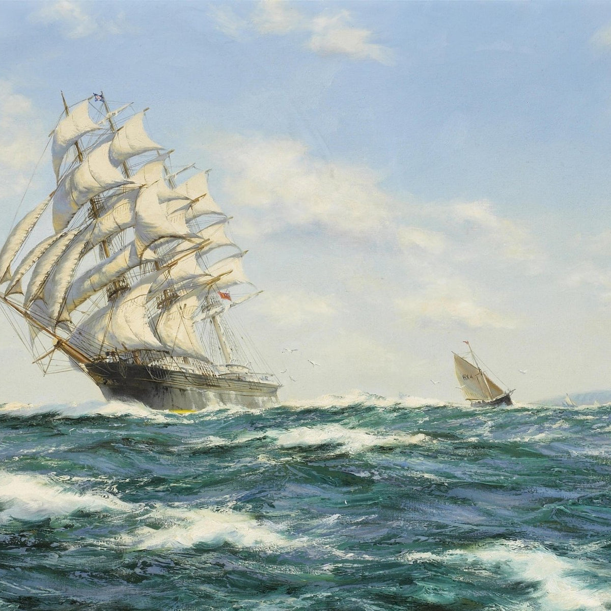 Hand-painted clipper ship with sails on blue sea nautical oil painting on canvas